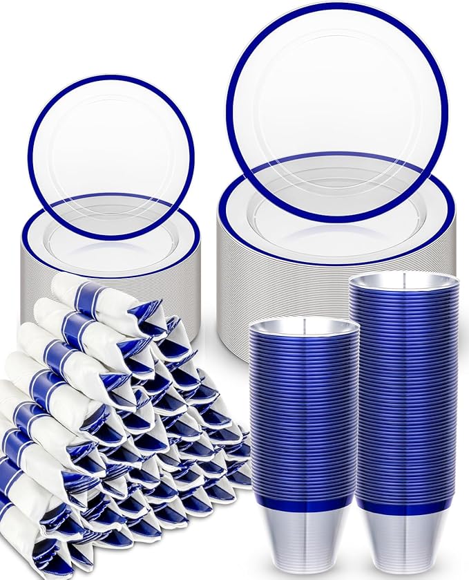 BESTVIP 350PCS Plastic Clear Blue Plates for Party, Disposable Dinnerware Set for 50 Guests, 100 Plastic Plates, 50 Cups, 50 Pre-Rolled Napkins with Cutlery for Graduation Party, Christmas, Birthday