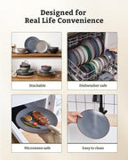 Famiware Venus Plates and Bowls Sets, 24 Pieces Stoneware Speckled Dishes Dinnerware Set for 8, Matte Charcoal - Microwave & Dishwasher Safe, Modern Minimalist, for Everyday Meals & Formal Dining