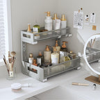 2-Pack Under Sink Storage Organizer, Large 2-Tier Elegant Mesh Pull Out Shelf for Kitchen and Bathroom Cabinet Organization, L-Shaped and Adjustable Height Design-Gun Gray