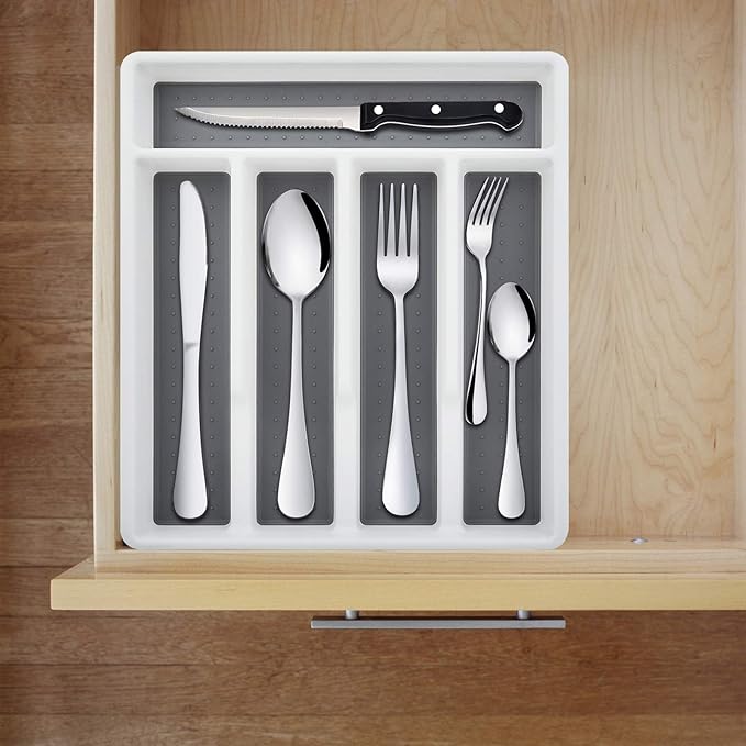 HaWare 25-Piece Silverware Set with Flatware Drawer Organizer, Stainless Steel Cutlery with 4 Steak Knives, Eating Utensils Service for 4, Mirror Polished, Dishwasher Safe - Silver