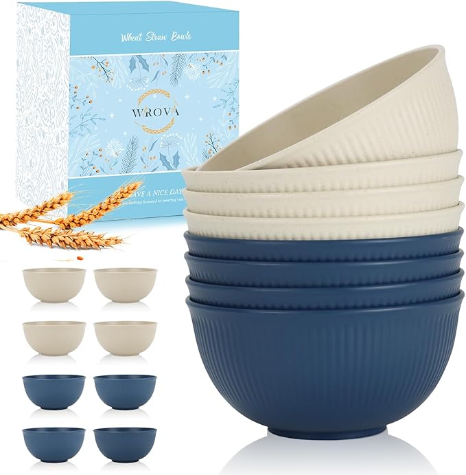 Wrova Wheat Straw Bowl Sets,8 PCS Unbreakable Cereal Bowl 26 OZ,Microwave and Dishwasher Safe Bowls,Bowl Sets BPA Free for Serving Soup,Oatmeal and Salad Summer-Sea Series