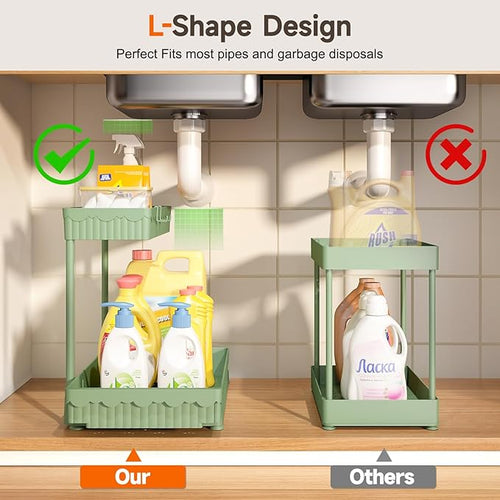 3 Pack Multi-Purpose Under Sink Organizers and Storage, 2026 L-Shaped Pull Out Cabinet Organizer for Bathroom & Kitchen, Under Cabinet Organizer with Hooks Hanging Cup (Green, 12.85 inch)