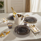 DaYammi 350PCS Clear Black and Gold Plastic Dinnerware Set for Party, Hammered Disposable Plates for Party, Include: 50 Dinner Plates, 50 Dessert Plates 150 Gold Silverware 50 Napkins 50 Cups