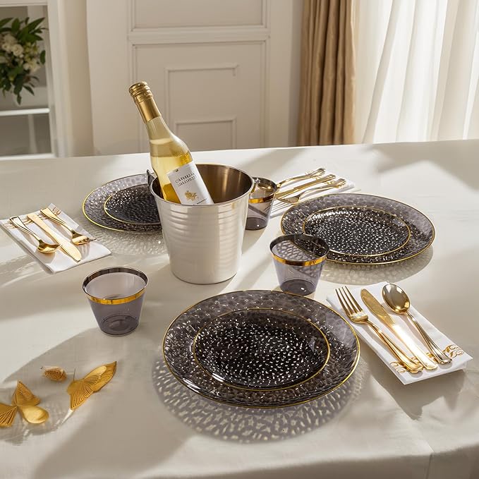 DaYammi 350PCS Clear Black and Gold Plastic Dinnerware Set for Party, Hammered Disposable Plates for Party, Include: 50 Dinner Plates, 50 Dessert Plates 150 Gold Silverware 50 Napkins 50 Cups
