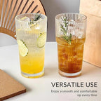 Puraville 2 Pack 20oz Glass Cups with Lids and Straws, Vintage Ribbed Glassware for Whiskey Cocktail Beer, Mason Jar Drinking Glasses Tumbler Iced Coffee Cup