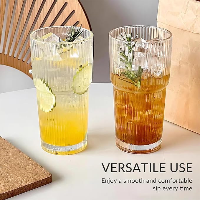 Puraville 2 Pack 20oz Glass Cups with Lids and Straws, Vintage Ribbed Glassware for Whiskey Cocktail Beer, Mason Jar Drinking Glasses Tumbler Iced Coffee Cup