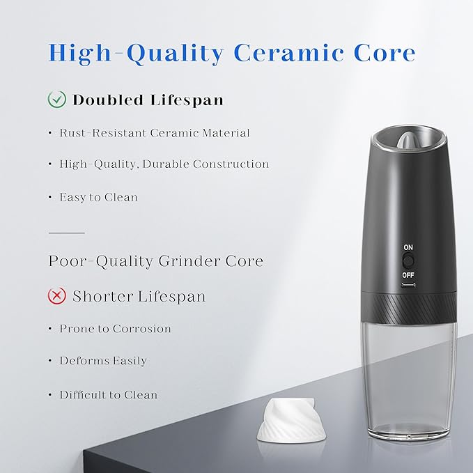 Rechargeable Electric Salt and Pepper Grinder Set, Gravity Activated, Adjustable Coarseness, LED Light, USB Charging, Ceramic Core, 150ml Transparent Hopper, Black