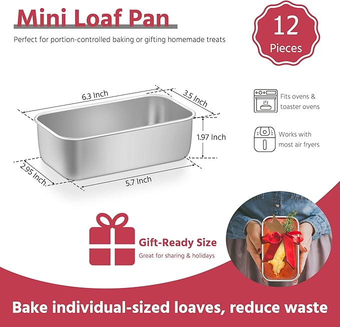 E-far Mini Loaf Pan Set of 12, Small Stainless Steel Bread Baking Pans for Oven, 6.3 x 3.5 Inch Tiny Meatloaf Pans for Homemade Bread Pound Cake Brownies, Non-toxic & Dishwasher Safe
