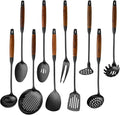 18/10 Stainless Steel Kitchen Utensils Set with Wood Handle Metal Cooking Utensils Set 10 Piece - Spatula, Spoon, Ladle, Skimmer, Slotted Turners, Pasta,Turner, Ladl, Fork
