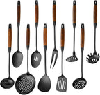 18/10 Stainless Steel Kitchen Utensils Set with Wood Handle Metal Cooking Utensils Set 10 Piece - Spatula, Spoon, Ladle, Skimmer, Slotted Turners, Pasta,Turner, Ladl, Fork