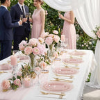 KIRE 210Pcs Clear Pink Plastic Plates with Gold Rim - Disposable Pink Plates&Silverware&Pink Cups&Hand Napkin - Plum Colored Plastic Dinnerware for Upscale Wedding/Party/Baby Shower/Mother's Day
