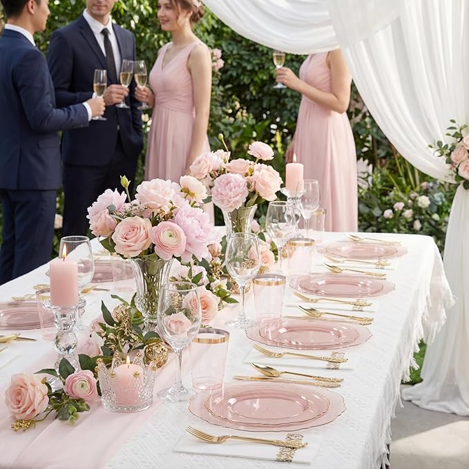 KIRE 210Pcs Clear Pink Plastic Plates with Gold Rim - Disposable Pink Plates&Silverware&Pink Cups&Hand Napkin - Plum Colored Plastic Dinnerware for Upscale Wedding/Party/Baby Shower/Mother's Day