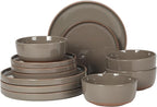 Gibson Elite Northrock Stoneware Dinnerware Set, 12-Piece Service for 4 Plates and Bowls Set – Gray Dishes with Hand-Painted Terracotta Base