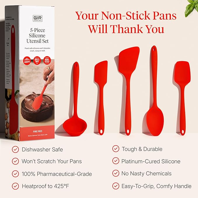 GIR 5-Piece Silicone Kitchen Utensils Set, Non-Toxic Cooking Utensils for Cooking and Baking, Heat Resistant, Food Grade, Dishwasher Safe Rubber Spatula, Ladle, Spoon - Fire Red