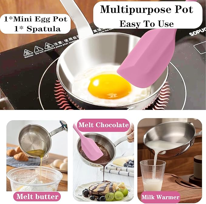 5.1-Inch Mini Frying Pan, 304 Stainless Steel Omelet Pan, Sauce Pan Mini Skillet for Single Egg, Butter Warmer Small Pot Cooking with 11" Scraper,Pink