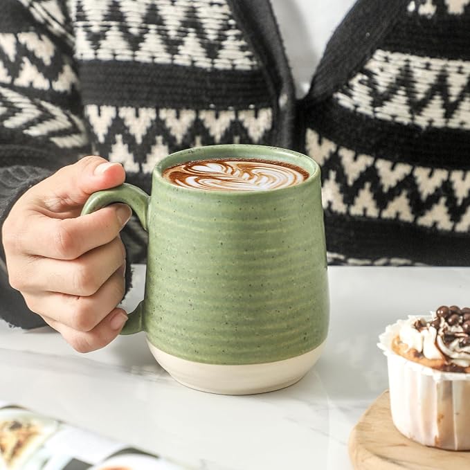 HASENSE Coffee Mugs, 15oz Ceramic Coffee Mugs Set of 6, Large Coffee Cups with Handle for Cocoa, Latte, Tea and Hot Chocolate, Coffee Mugs for Men and Women, Microwave and Dishwasher Safe, Green