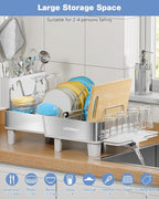 Dish Drying Rack, 304 Stainless Steel Expandable Dish Rack with Adjustable Drain Spout, Large Capacity Dish Drainer with Utensil Holder, Cup Holder and Cutting Board Rack for Kitchen Counter, White