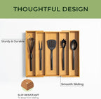 Carbonized Bamboo Kitchen Drawer Organizer, 5 Slots Expandable Silverware Organizer, Utensil Holder & Cutlery Tray, 2.2" Deep for Extra Capacity, Non-Slip Feet Included.