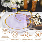 N9R 350PCS Purple Plastic Dinnerware Set for 50 Guests, Gold Disposable Plates for Party, Include: 100 Plastic Plates, 50 Pre Rolled Napkins with Silverware and 50 Cups