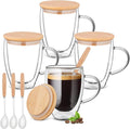 4 Pack Double Walled Glass Coffee Mugs with Bamboo Lid/Spoon, Insulated Coffee Cups with Handle, Cappuccino Latte Glasses Cup, Clear Glass Mugs for Hot Drinks Tea Milk Juice Ice Cream (350ml)