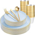 bUCLA 150PCS Blue Plastic Plates - Light Blue and Gold Disposable Include 25 Each (Dinner & Dessert) Plates, 25 Knives, 25 Forks, 25 Spoons and 25 Cups, Ideal for Party, Birthday & Wedding