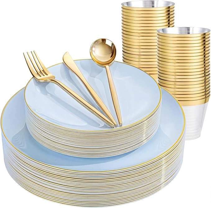 bUCLA 150PCS Blue Plastic Plates - Light Blue and Gold Disposable Include 25 Each (Dinner & Dessert) Plates, 25 Knives, 25 Forks, 25 Spoons and 25 Cups, Ideal for Party, Birthday & Wedding