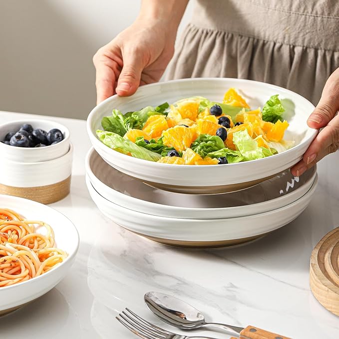 HASENSE Pasta Bowls Set of 4, 8.7 Inch Ceramic Serving Bowls for Entertaining, 32 Oz Stackable Bowl Set for Soup, Pasta, Salad - Dishwasher & Microwave Safe, White