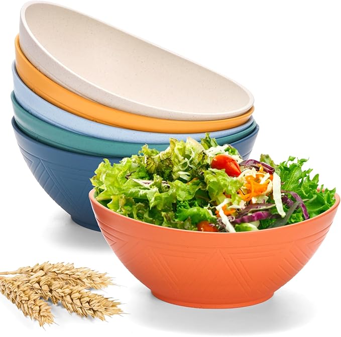 WRINGKIT Set of 6 Wheat Straw Salad Bowls Large, 65 Oz Unbreakable Serving Bowls, Microwave & Dishwasher Safe Soup Bowls, Kitchen Bowls Set for Serving Salad, Cereal, Fruit, Chip