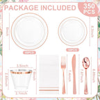 GATHER 350PCS Rose Gold Plastic Plates - Disposable Rose Gold Dinnerware Includes 100 Clear Rose Golds Rimmed Plastic Plates, 150 Silverware, 50 Napkins, 50 Cups for Party, Wedding, Mother's Day