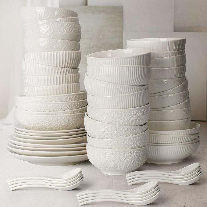 Artena Ceramic Cereal Bowls 26 oz, Embossment Soup Bowls Set of 4, White Salad Bowl for Kitchen, Dinner, Breakfast, Oatmeal, Rice, Pasta, Dishwasher Microwave Safe Bowls (Stripes) (Pack of 2)