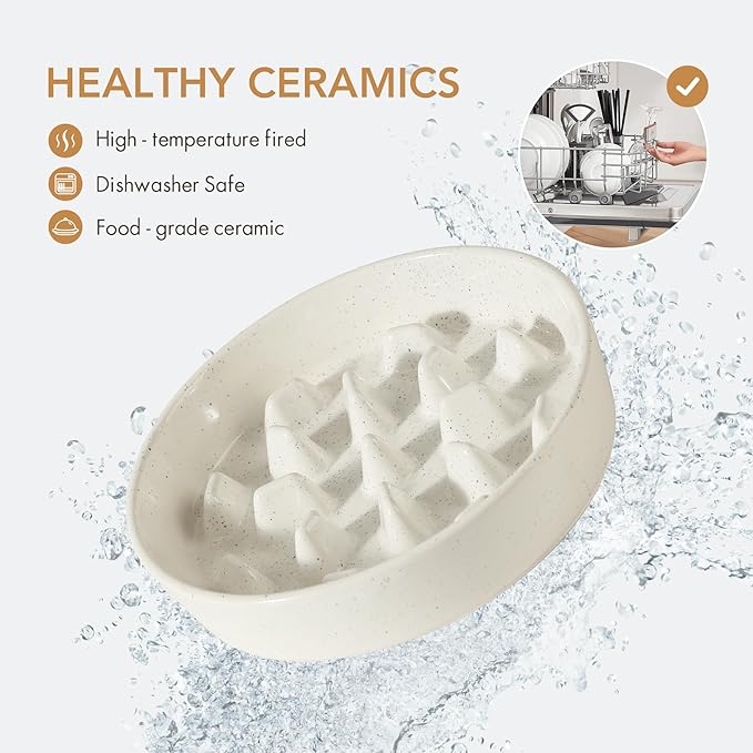 Havniva Ceramic 3.2 Cup Dog Bowl Slow Feeder, 9.5 inch Slow Pet Food Dish for Large Dog, Stop Bloat, Preventing Choking(Single Bowl, Vanilla White)
