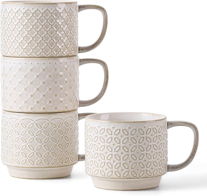 DOWAN 12oz Coffee Mugs Set of 4, Ceramic Coffee Mugs, Stackable Cappuccino Cups, Microwave Safe, Thick-Walled Design for Heat Retention, Office and Home Use