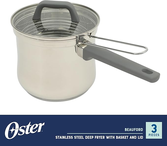 Oster Beauford 3.65-Quart Stainless Steel Deep Fryer Pot with Basket & Glass Lid – Induction, Oven & Dishwasher Safe, 5-Ply Encapsulated Base, Soft-Touch Handle