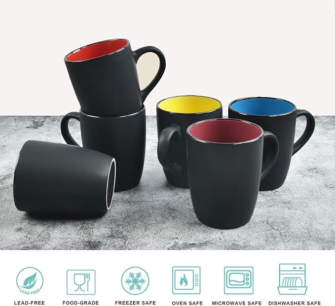 Lifecapido Set of 6 Modern Black Ceramic Coffee Mugs, 16 Ounce Capacity, Perfect for Home Use