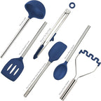 Tovolo Silicone Cooking Utensil Set of 6 Stainless Steel Handle Ladle Slotted Turner Tongs Flex Core Spatula Scraper Mixing Spoon & Potato Masher, Dishwasher Safe BPA Free Utensils, Deep Indigo