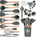 Kitchen Utensils Set - 34 PCS Non-Stick Silicone Cooking Utensils Set Spatula Set with Holder, Wooden Handle Spoon,Brush,Whisk Kitchen Gadgets Tools Set for Nonstick Cookware (Gray-34P)