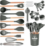 Kitchen Utensils Set - 34 PCS Non-Stick Silicone Cooking Utensils Set Spatula Set with Holder, Wooden Handle Spoon,Brush,Whisk Kitchen Gadgets Tools Set for Nonstick Cookware (Gray-34P)
