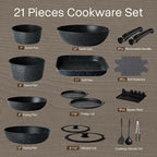 Pots and Pans Set Non Stick, Ceramic Cookware Sets 21 PCS, Granite Induction RV Kitchen Portable Stackable Cooking Set Removable Handles, Dishwasher ＆ Oven Safe, Black