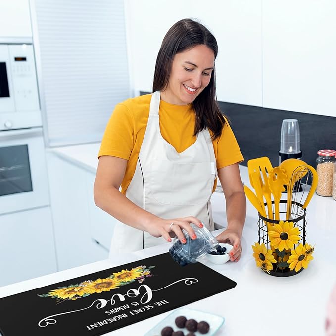 Sunflower Utensil Caddy with Silicone Cooking Utensils Set 6PCS, Canister Holder Sunflower Kitchen Decor and Accessories Theme Set Counter Yellow Kitchen Decor Country Crock Organizer Gifts for Women