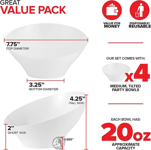 20oz White Plastic Serving Bowls (4 Pack) Medium Disposable Snack Bowl Candy Dishes, Buffet Containers for Chips, Popcorn, Snacks, Mints, Salad Bar, Parties, Office Desk, Bridal Shower, Party Supplies