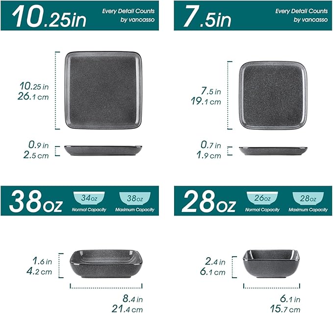 vancasso Stern Gray Dinnerware Set Square Reactive Glaze Tableware 16 Pieces Kitchen Dinnerware Stoneware Crockery Set with Dinner Plate, Dessert Plate, Bowl and Soup Plate Service for 4