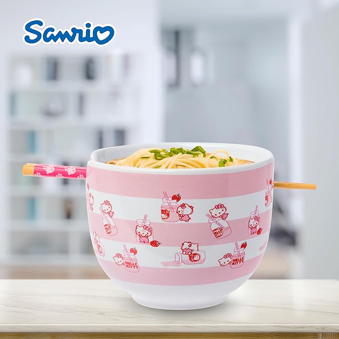 Silver Buffalo Sanrio Hello Kitty Strawberry Milk Pattern Ceramic Ramen Noodle Rice Bowl with Chopsticks, Microwave Safe, 20 Ounces