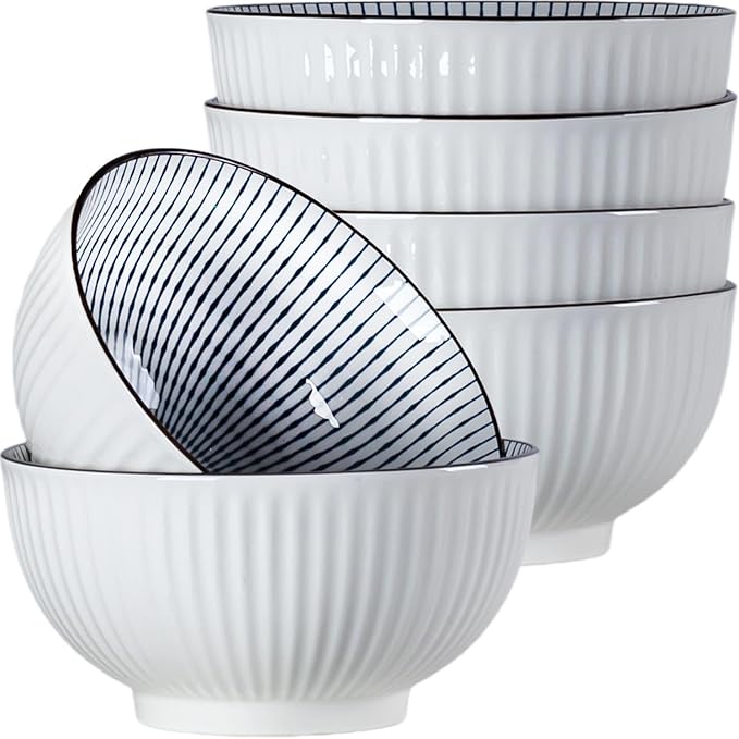 Houlu 6 in Small Japanese Bowls Set of 6, Versatile 30 oz Blue and White Porcelain Bowls for Soup, Cereal, Salad, Desserts, and Side Dishes - Striped Pattern