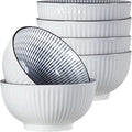 Houlu 6 in Small Japanese Bowls Set of 6, Versatile 30 oz Blue and White Porcelain Bowls for Soup, Cereal, Salad, Desserts, and Side Dishes - Striped Pattern