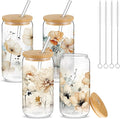 Mumufy 4 Pack Gift for Women Chinoiserie Flower Glass Cup Tumbler Flower Iced Coffee Mugs 16 oz Glass with Bamboo Lid & Straw, Mothers Day Birthday Gift for Mom Sister Bridesmaid Baby Shower