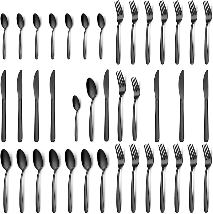 Silverware Set - 40PCS Stainless Steel Silverware Set for 8, Includes Forks Spoons and Knives, Utensil Sets for Home Kitchen Restaurant, Dishwasher Safe, Black