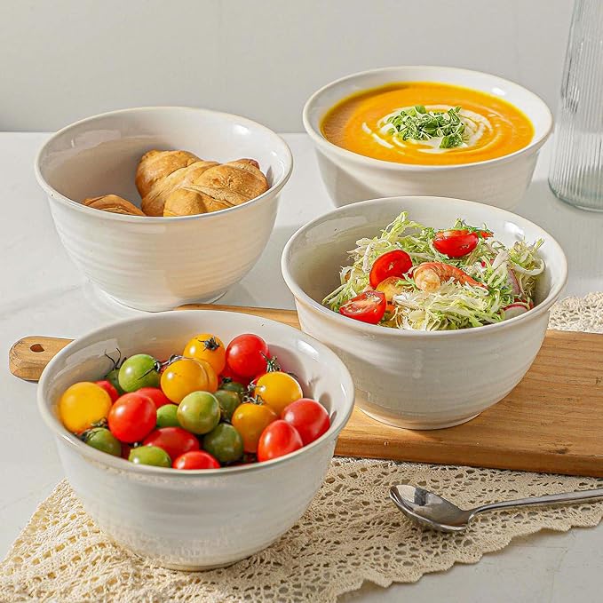 Soup Bowls,40 Ounce Deep Ceramic Bowl Sets for Cereal Soup Salad Pasta Popcorn Oatmeal Breakfast, Durable Serving BowlsSuit For Housewarming, Microwave Safe & Dishwasher Safe, Creamy White