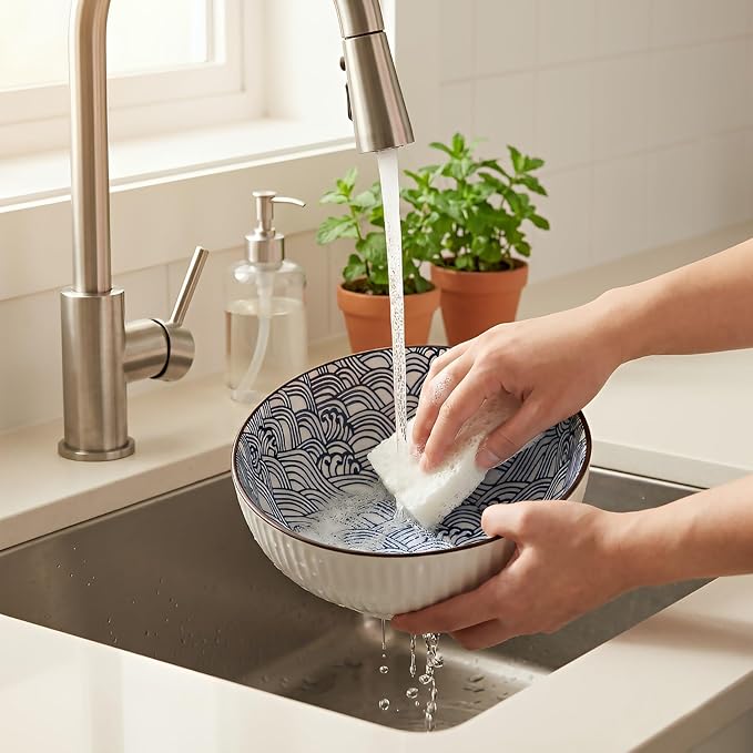 QINLANG Large Soup Bowls, Pho & Ramen Set of 3, 60 oz Blue & White Porcelain - Wave Pattern