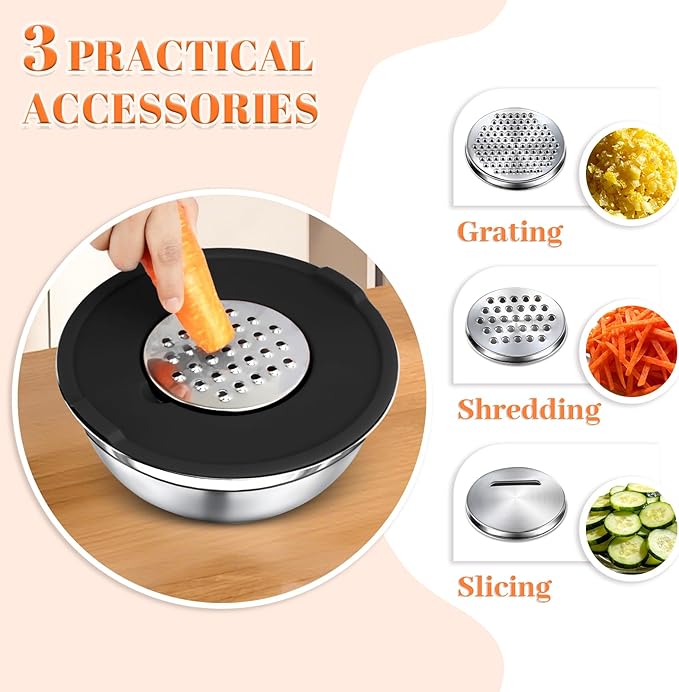 Mixing Bowls with Lids Set - 7 Nesting Mixing Bowls, 3 Graters, 11 Baking Tools, Airtight Lids, Stainless Steel Mixing Bowls for Mixing & Baking, Size 0.7/1.1/1.5/2.1/3.5/4/4.5 QT, Black