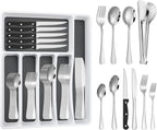 53PCS Silverware Set for 8 with Flatware Drawer Organizer, Stainless Steel Cutlery Set with Steak Knives, Include Spoons and Forks Set & Serving Utensils, Dishwasher Safe, Heavy Duty, Silver